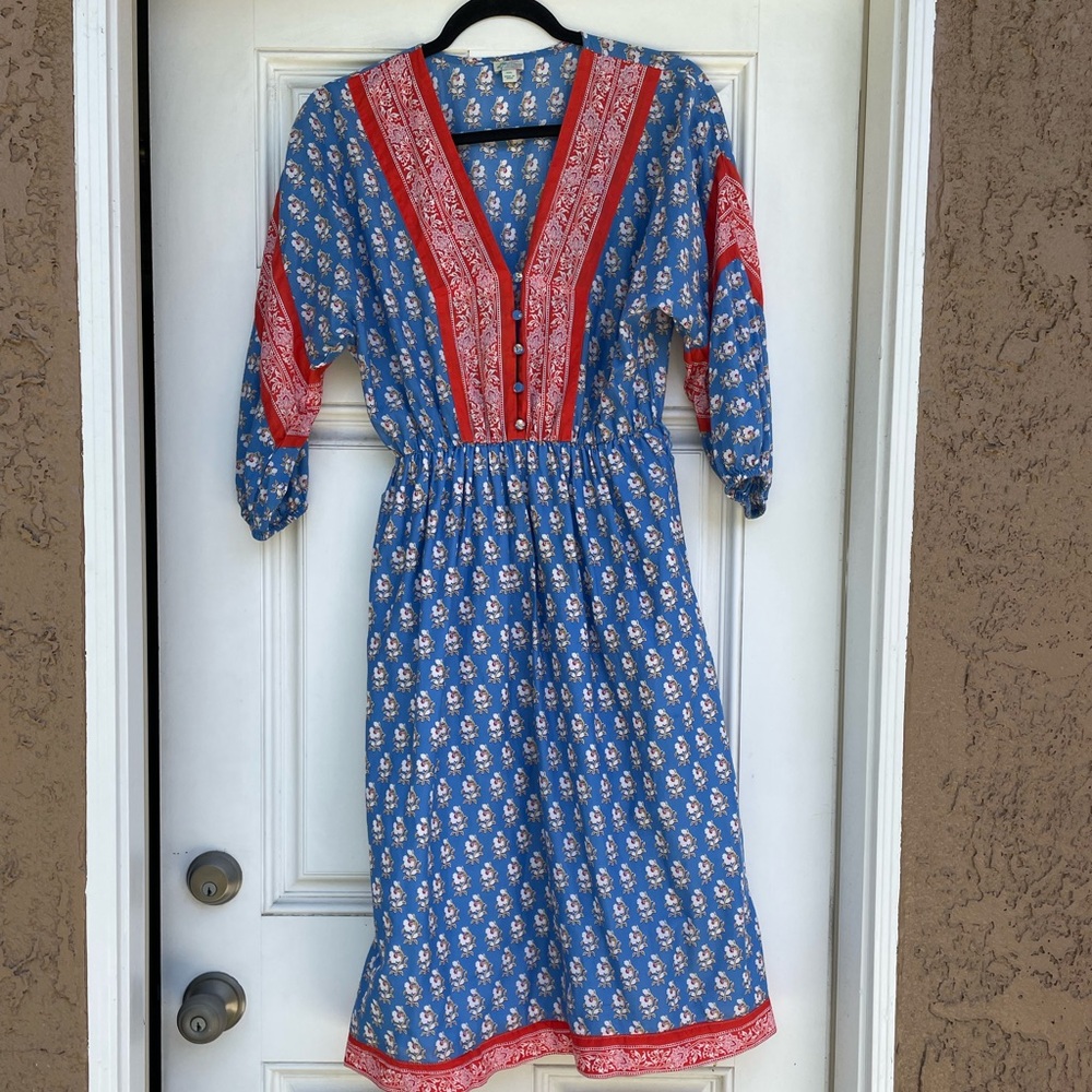 J. Crew Red and Blue V-Neck Sundress with Bishop Sleeves